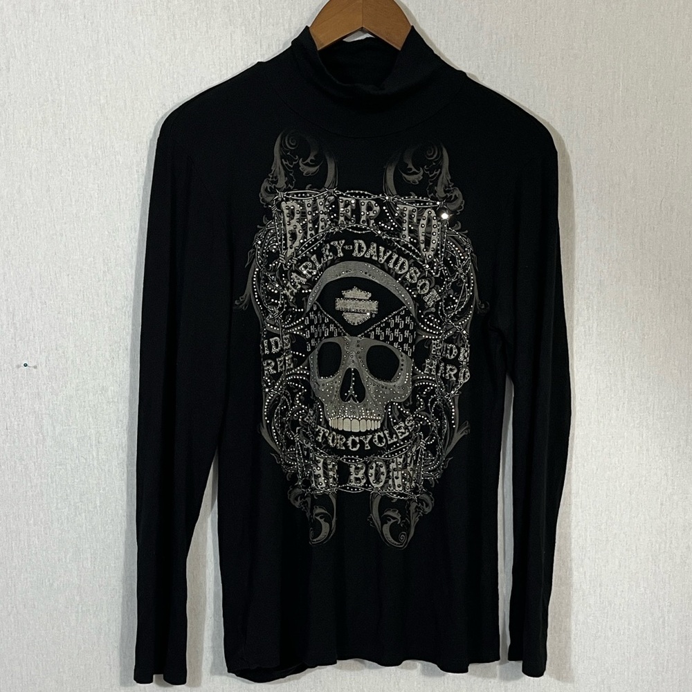 Harley Davidson Biker To The Bone Skull bling turtleneck back cutout long sleeve